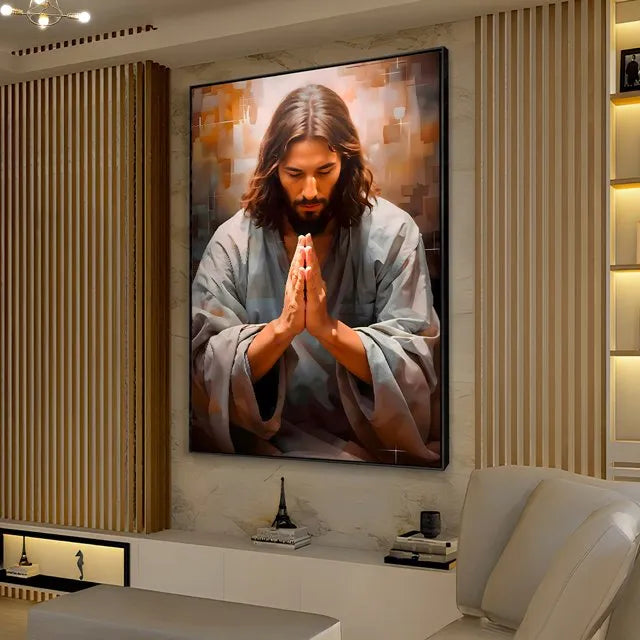 Lienzo Religioso Jesús en Tonos Beige Arte Digital | Cuadro Decorativo con Borde Infinito