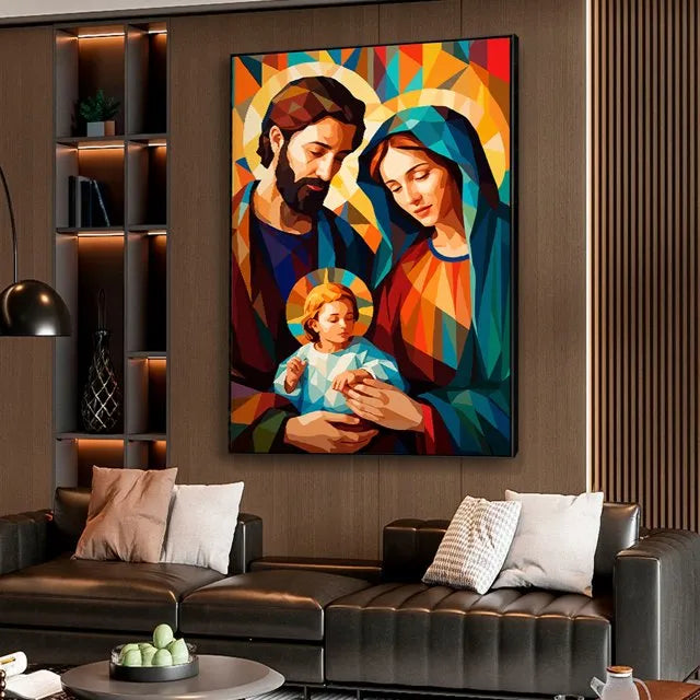 Lienzo Canvas Religioso Jesús, María y José Sagrada Familia Mosaico Colorido | Cuadro Decorativo con Borde Infinito