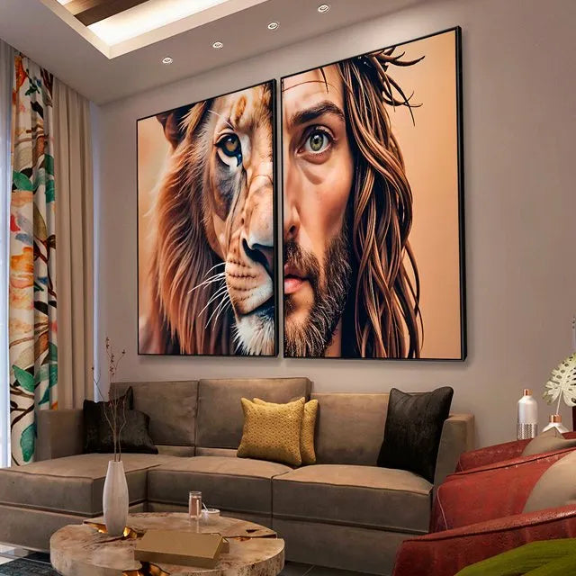 Kit de 2 Lienzos Canvas Religiosos León de Judá y Jesús Dos Mitades | Cuadro Decorativo con Borde Infinito