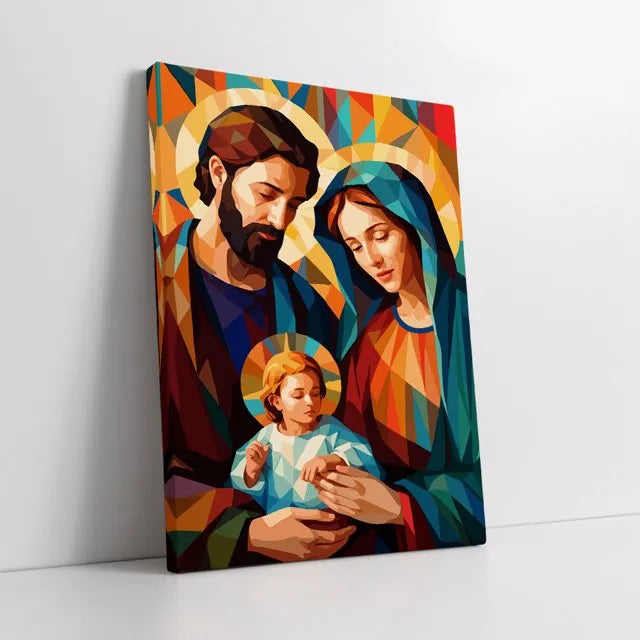 Lienzo Canvas Religioso Jesús, María y José Sagrada Familia Mosaico Colorido | Cuadro Decorativo con Borde Infinito